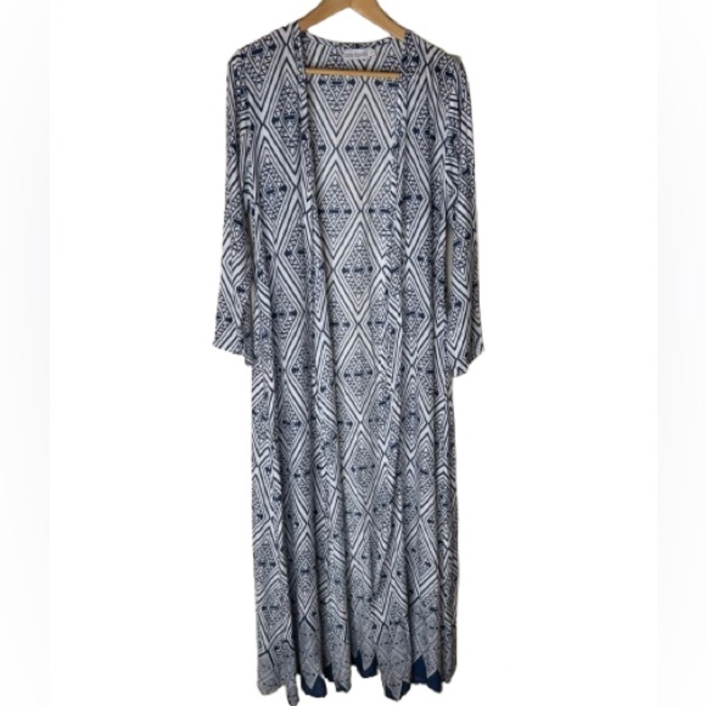 Tiare Hawaii Joplin Kimono Indigo Navy Vibe Geometric Tribal Batik Dyed Maxi OS
